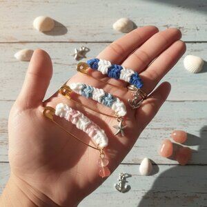 Handmade Woven Yarn Safety Pin Charm Brooch - Coastal/Nautical Accessory New